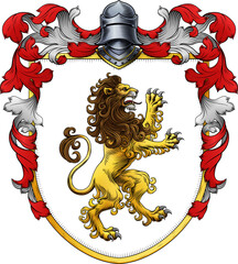 A lion coat of arms or crest family heraldry medieval heraldic knight shield with helmet and acanthus filigree scroll ornament in a vintage woodcut style.