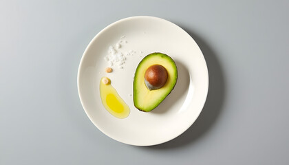 One avocado slice on a white ceramic plate with a drop of olive oil and a pinch of salt against a soft gray background.