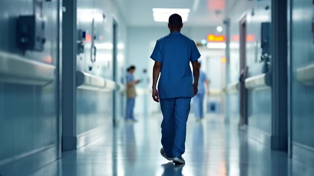 Realistic cinematic video of a healthcare worker walking down a brightly lit hospital hallway 
