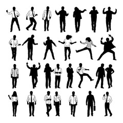 People silhouette vector, dancing, jumping, walking, business, casual, group, human figures, men and women, isolated black outline diverse pose illustration