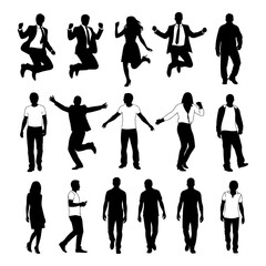People silhouette vector, dancing, jumping, walking, business, casual,human figures, men and women, isolated black outline diverse pose illustration