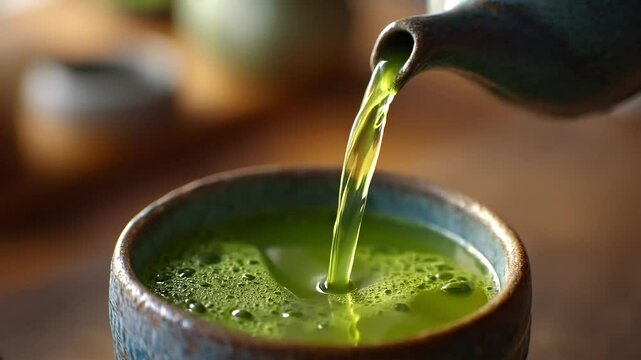 High detail image of vibrant green matcha tea being poured into a textured ceramic cup with foam forming on the surface and a blurred wooden interior background