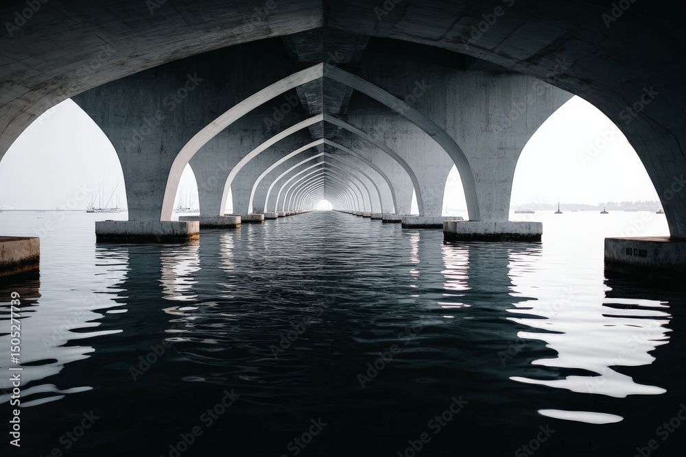 Poster Unique concrete architecture under a bridge reflecting over calm water with boats in the distance at twilight