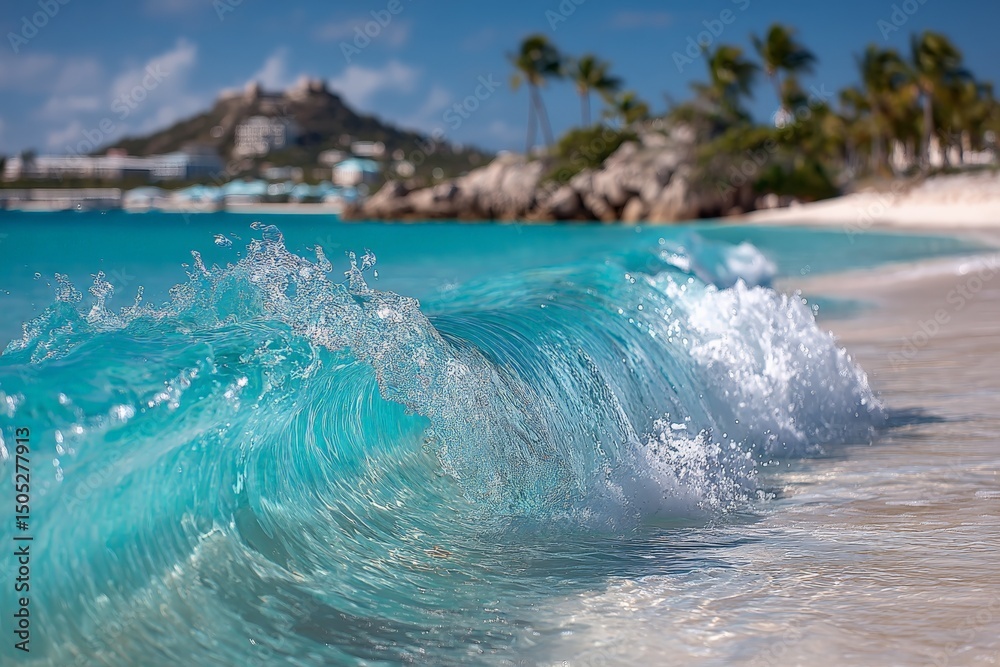 Poster waves roll gently onto a sandy beach under a clear sky with distant hills in the background