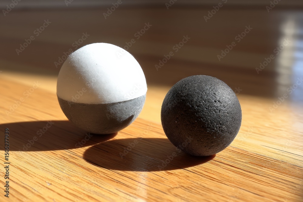 Aufkleber two spherical objects with contrasting colors on a wooden surface reflect sunlight in a bright indoo