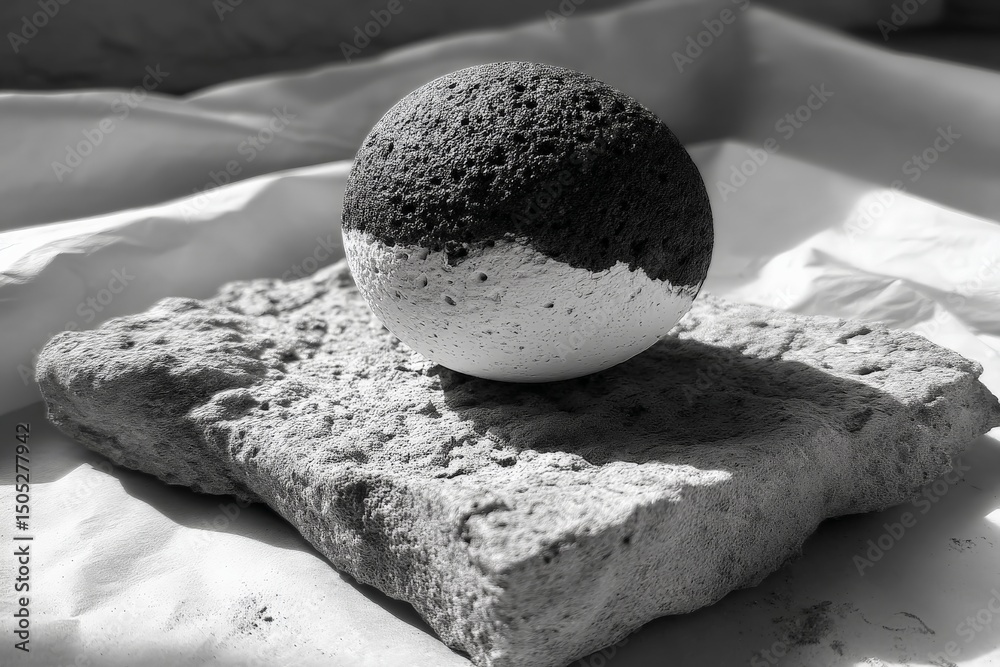Aufkleber creative art piece featuring a textured ball resting on a stone surface with contrasting colors in a
