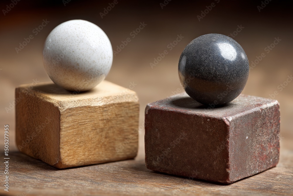 Poster solid geometric shapes balanced on wooden blocks in a natural setting during daylight