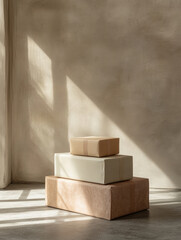 Stacked boxes with sunlight and shadows on beige background
