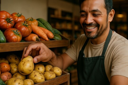 Smiling male vendor arranging fresh produce at farmers market stall