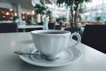 Coffee cup on saucer in modern cafe surrounded by plants and bright natural light