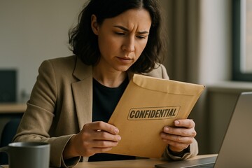 Concerned businesswoman examining confidential envelope in office setting