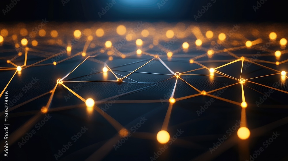 Poster glowing network nodes interconnected, forming a complex web on a dark background