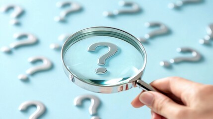 Magnifying glass focuses on question mark on blue background with scattered question marks and soft light