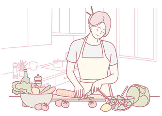 An exceptionally focused individual skillfully chopping fresh vegetables in a cozy and inviting kitchen environment