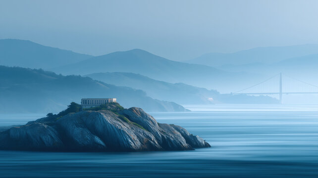 Misty landscape of Alcatraz island with golden gate bridge in background at dawn