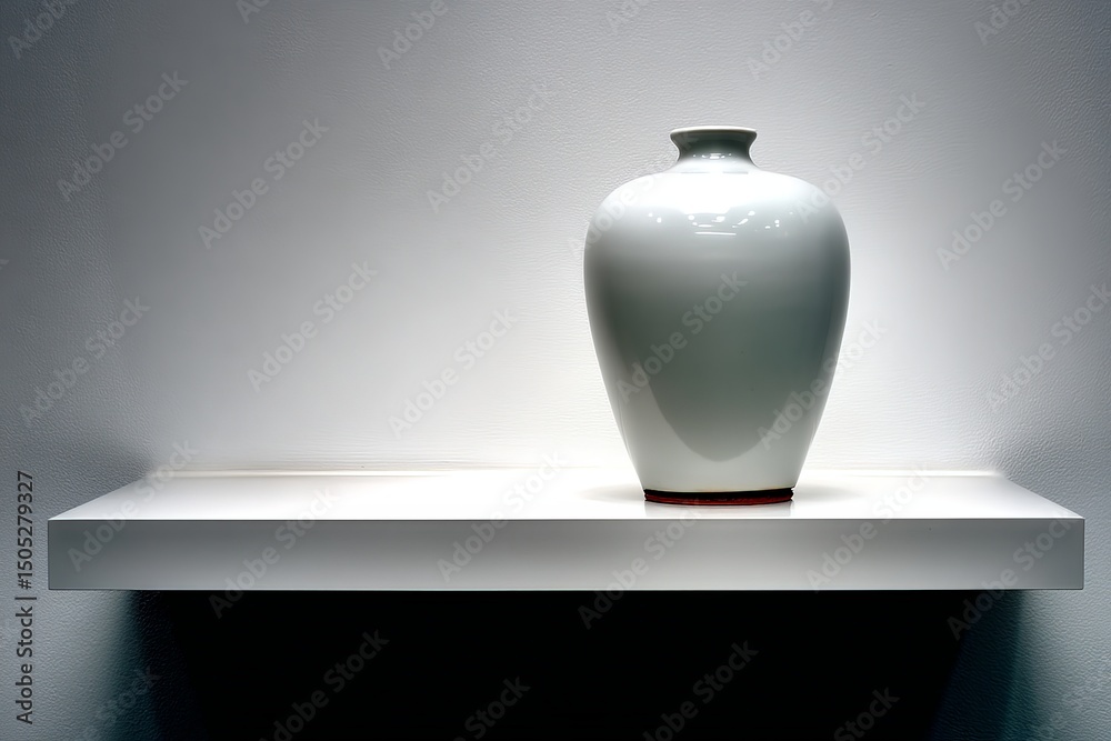 Poster elegant white ceramic vase displayed on a minimalist shelf against a soft gray wall in a modern inte