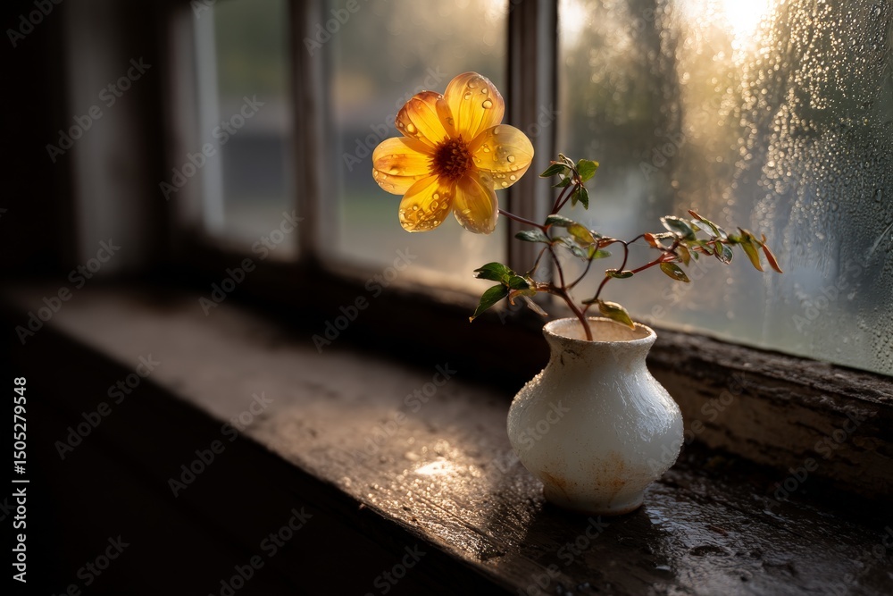 Aufkleber sunlight illuminates a yellow flower in a vase on a windowsill with droplets of water