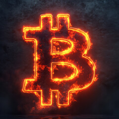 Burning Bitcoin symbol with fiery effects on dark background.