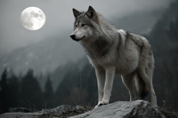 Fototapeta premium Wolf standing on a rock under a full moon in a misty forest landscape at night