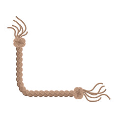 Hanging rope with tassel and node. Knitted nautical thread or marine vertical fiber. Textile tassel hang at rope isolated on white background. Vector illustration