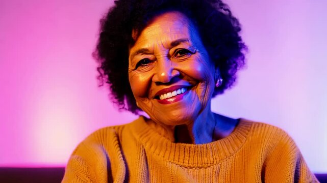 Happy, face and elderly afro woman in yellow sweater on sofa to relax at home or grandma laughing freedom in retirement. Portrait, elderly smile living room, home or thinking about good memory.