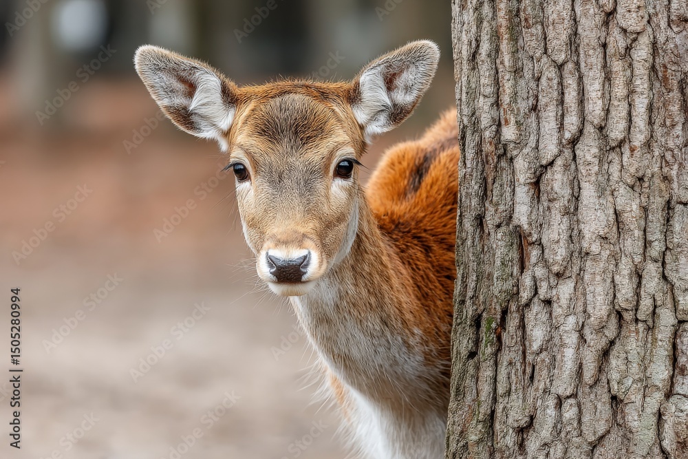 Poster curious young deer peeking from behind a tree in a tranquil forest during daylight hours