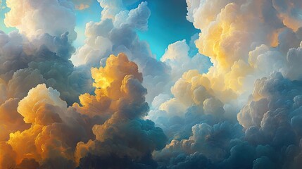 A vibrant depiction of cumulus clouds against a deep blue sky.