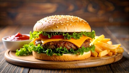 Cheeseburger with fries, ketchup, and wood.