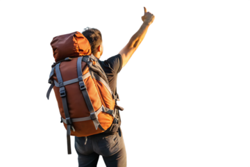 Adventurous hiker with backpack isolated on a white background