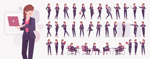Fototapeta na wymiar Office businesswoman, braid hairstyle long hair female character set, blazer pants suit poses bundle. Business lady elegant pantsuit style for work, formal meeting, job interview. Vector illustration