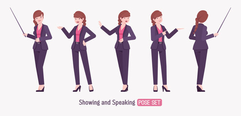 Office businesswoman, braid hairstyle long hair pointing pose set, blazer pants suit. Business lady elegant pantsuit style, work, formal meeting, job interview. Vector flat style cartoon illustration