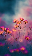 Obraz premium Blossoming cosmos flowers in a field during dusk at Summer in Golden Hour