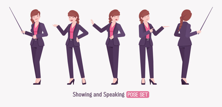 Office businesswoman, braid hairstyle long hair pointing pose set, blazer pants suit. Business lady elegant pantsuit style, work, formal meeting, job interview. Vector flat style cartoon illustration