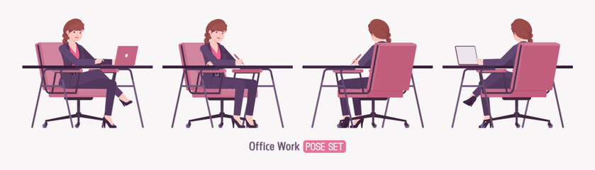 Office businesswoman, braid hairstyle long hair desk sit pose set, blazer pants suit. Business lady elegant pantsuit style, work, formal meeting, job interview. Vector flat style cartoon illustration