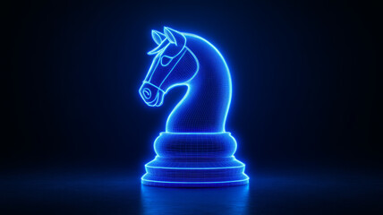 3D neon chess knight glowing in blue on a dark background