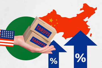 Trend artwork 3D photo collage of hand hold amrica sleeve arrow up percent china map market economy...