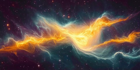 Celestial Ballet Deep Blues, Rich Golds, and a Fiery Nebula Dance Amidst a Sea of Twinkling Stars.