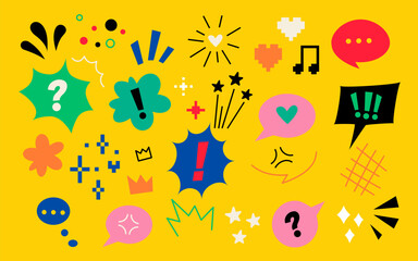 Emoticon effects design elements in bright colors. Funny colored.  Colorful hand drawn speech bubble set. Cartoon character emotion symbols. Cute doodles, anime icons. Vector illustration