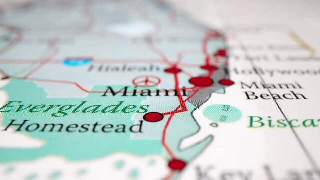 Miami City In Florida With Flight Route and Red Dots In The Map Of USA. - rack focus zoom in shot