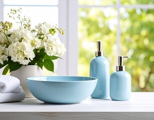 Fototapeta premium Delicate elegant ceramic decorations for bathroom - soft blue bowls, vase, white flow 