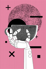 Vertical image art pop collage of artificial intelligence robotic hand hold coffee cup beverage modern technology bot innovation