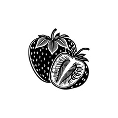 Strawberry Whole and Halved in Engraving Style