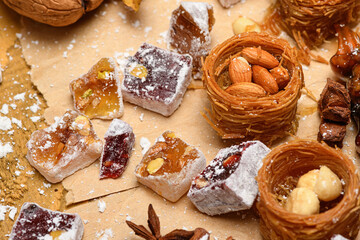 Sweet food Turkish delight on wooden background, assorted locum and candy for decorated backdrop