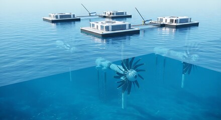 Fototapeta premium Floating modern houses with underwater turbine power generation in the ocean