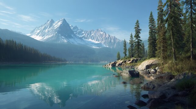 Explore breathtaking mountain lake landscape with turquoise water and snow capped peaks scenery view