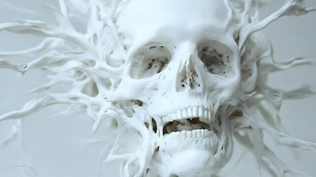 Detailed View of a White Human Skull with Organic Tendrils