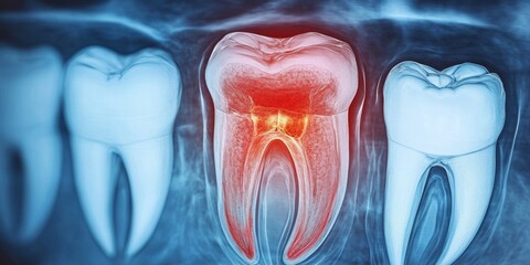 X-ray Image Showing an Impacted Wisdom Tooth with Highlighted Inflammation and Surrounding Teeth.