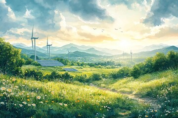 Green energy concept, wind turbines and solar panels in nature landscape, environmentally friendly sustainable business technology. Watercolor illustration in soft earth tones