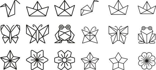 origami icons in line style set. paper folding, art, craft, decoration vector illustration