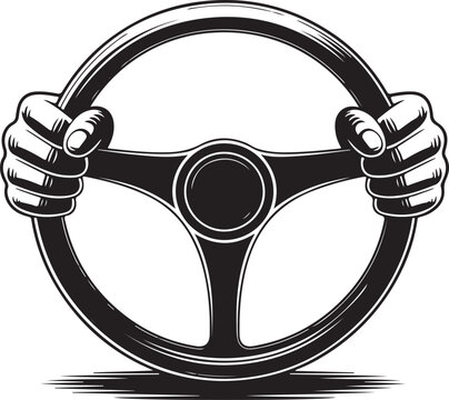 Steering wheel icon. Hands on steering wheel. Driver. Driving car. Test drive. Vector icon isolated on white background.